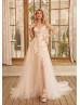 V Neck Beaded Lace Tulle Slit Wedding Dress